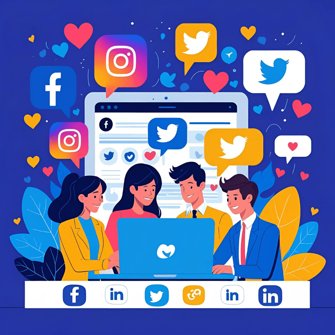 Illustration of a team planning a social media campaign with Facebook, Instagram, Twitter, and LinkedIn icons, charts, and hearts, set in a creative workspace