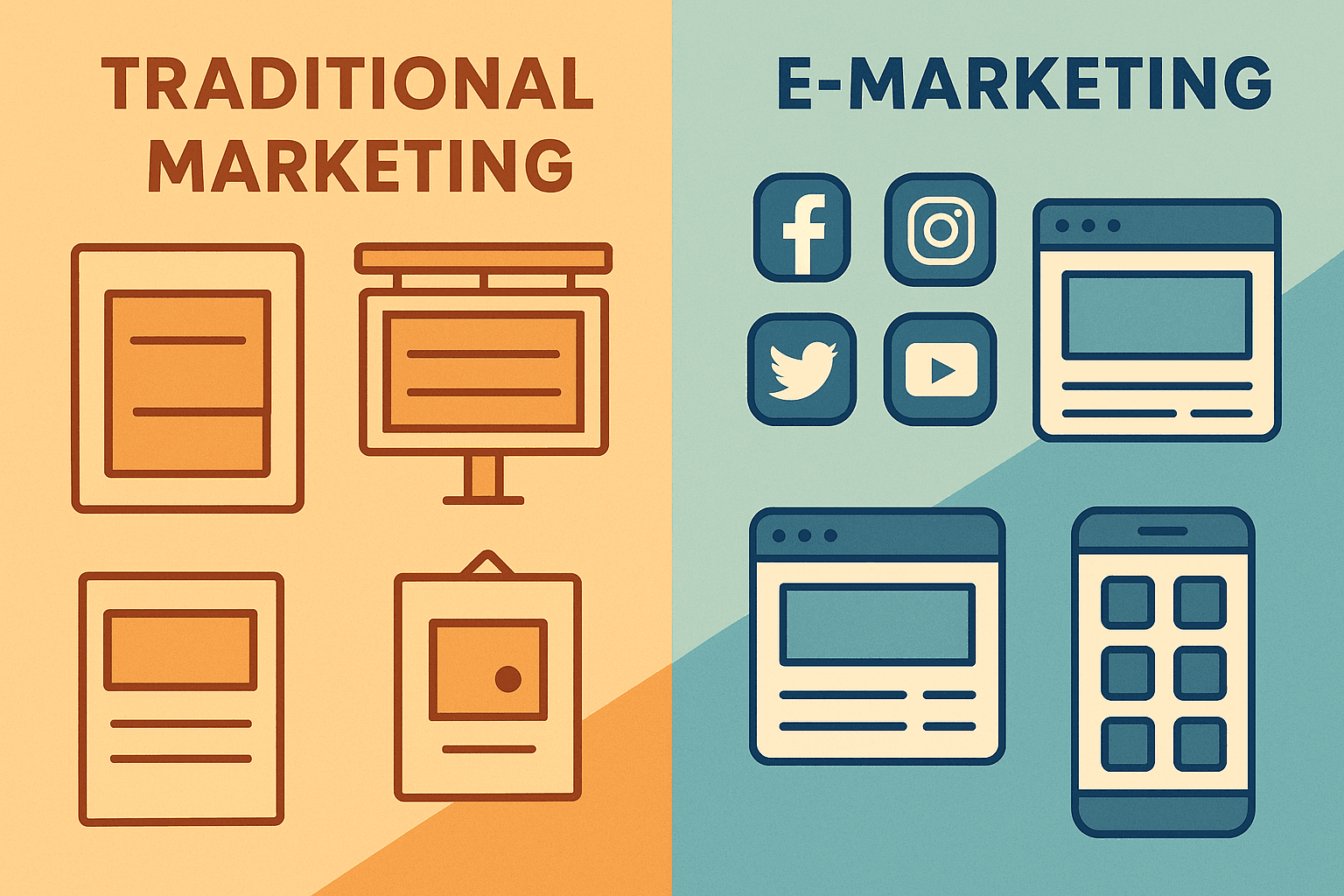 Traditional vs e-marketing comparison in 2025 showing digital and print advertising methods side by side