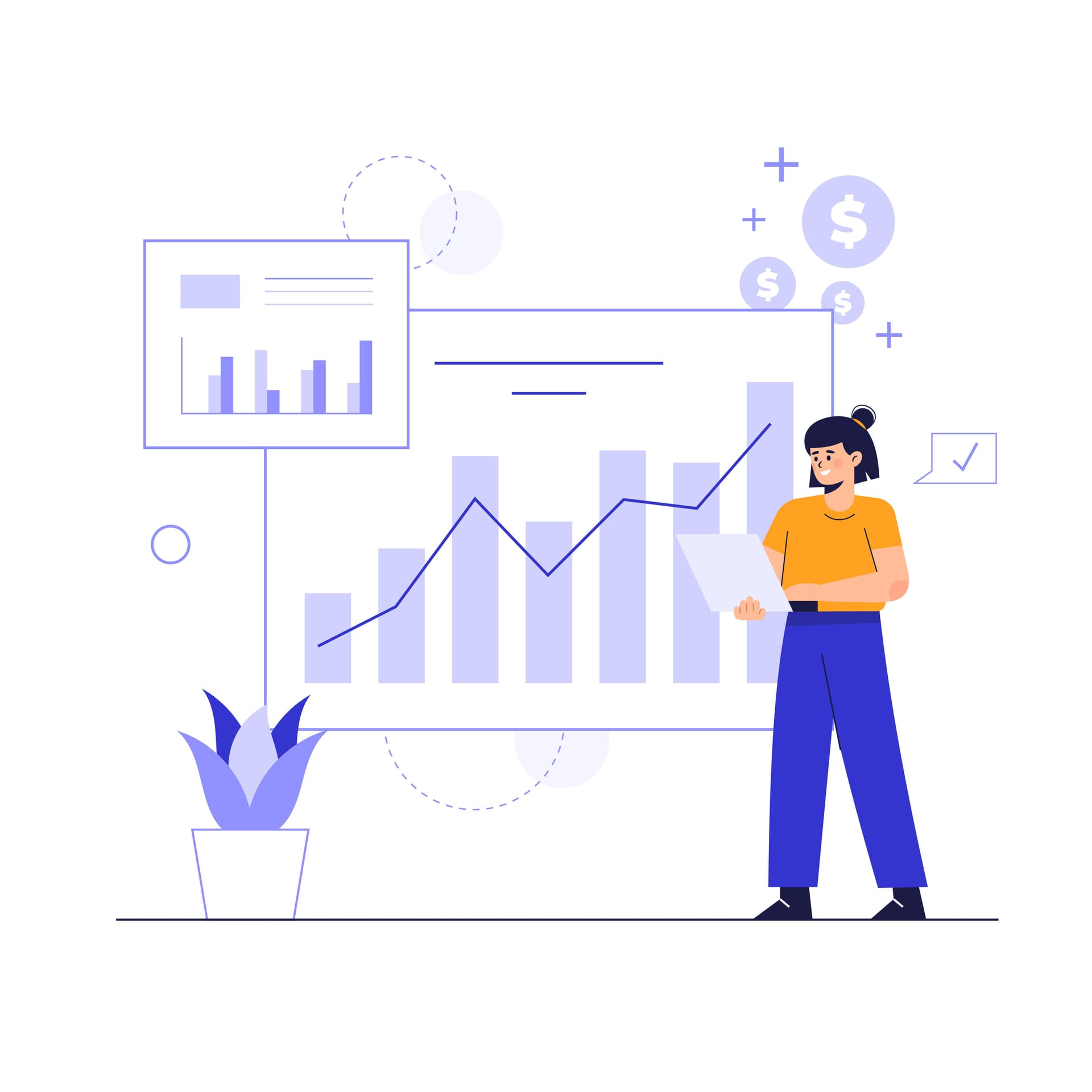 Illustration representing performance marketing analysis, showing a marketer reviewing ROI data, conversion charts, and financial growth metrics.